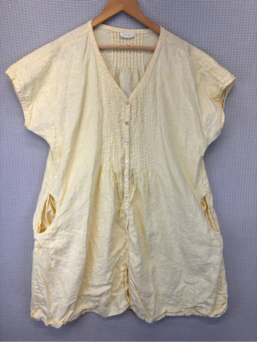 Poetry 100% Linen Butter Yellow Button Down Shirt Dress Women 18 Pockets Boho